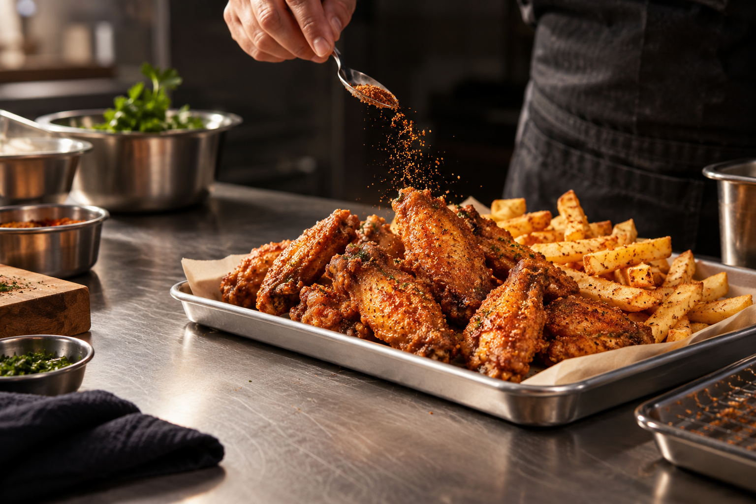 Menu concept showing seasoned crispy chicken wings and fries on a kitchen tray